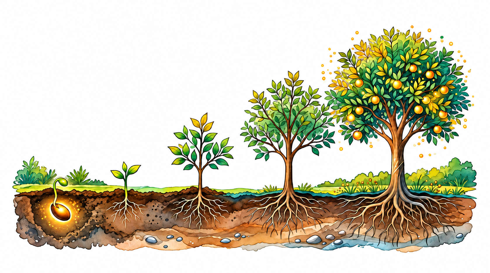 Ilustración botánica sobre fondo blanco de una semilla que crece hasta convertirse en un árbol con frutos.